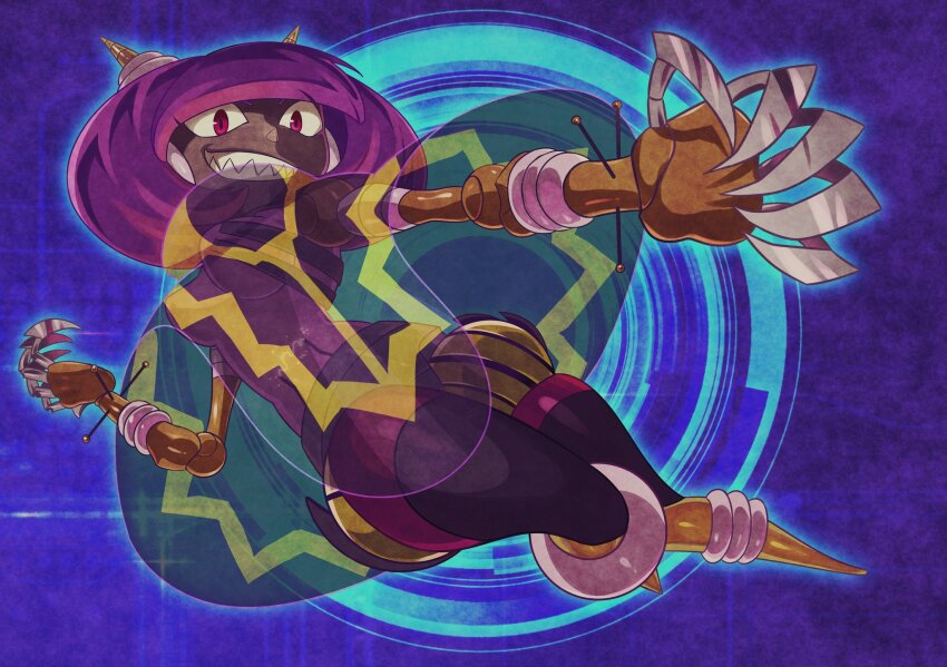1girl black_cape bob_cut breasts cape claws commentary_request dark-skinned_female dark_skin dynatron_(mighty_no._9) electricity full_body grin hand_up highres horns joints light_bulb looking_at_viewer medium_breasts mighty_no._9 no_feet outstretched_hand purple_hair red_eyes robot robot_girl robot_joints see-through_body see-through_cape sharp_teeth short_hair smile solo takenokonoko teeth thighs two-tone_cape variant_set very_dark_skin yellow_cape yellow_horns