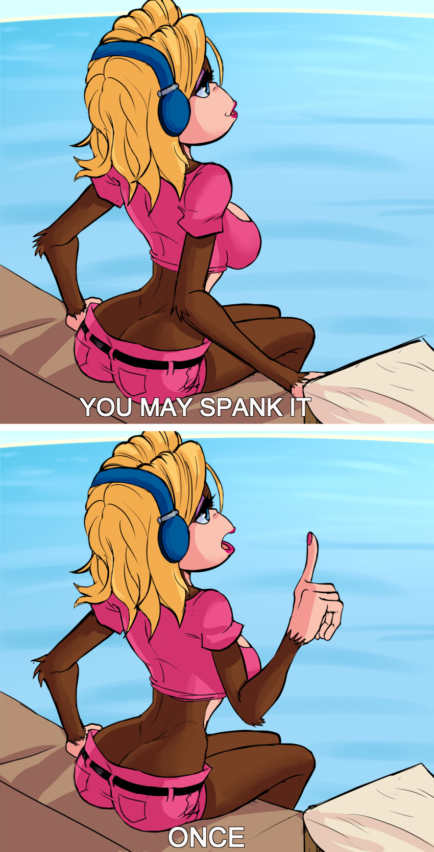 2koma absurdres ass blonde_hair blue_eyes breasts butt_crack candy_kong comic crop_top donkey_kong_(series) facing_away headphones highres large_breasts lipstick makeup monkey_girl nail_polish nintendo ocean short_shorts shorts sitting teevo water you_may_spank_it_once_(meme)