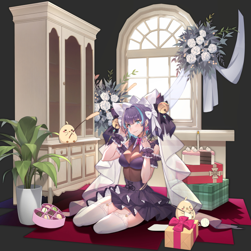 alternate_costume animal_band animal_ears arm_garter azur_lane bell box box_of_chocolates bubble1995 cake cheshire_(azur_lane) chocolate cleavage dress fake_animal_ears flower food frilled_dress frilled_ribbon frills garter_straps gift hand_up highres knitting manjuu_(azur_lane) multicolored_hair plant potted_plant ribbon see-through_clothes see-through_cleavage seiza short_hair sitting streaked_hair thighhighs two-tone_hair veil white_thighhighs