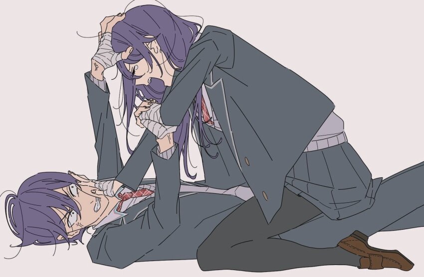 1boy 1girl anger_vein angry bandaged_hand bandages black_jacket black_pants black_pantyhose black_skirt blazer blocking brown_shoes clenched_teeth closed_mouth collared_shirt constricted_pupils crying fighting flat_color genderswap genderswap_(mtf) grey_sweater grey_sweater_vest hair_between_eyes hand_on_another&#039;s_face hand_on_another&#039;s_head jacket kamatama_rom kenmochi_touko kenmochi_touya kenmochi_touya_(1st_costume) lapels loafers long_hair long_sleeves looking_at_another lying messy_hair necktie nijisanji notched_lapels on_back open_clothes open_jacket open_mouth pants pantyhose plaid_clothes plaid_necktie pleated_skirt purple_hair red_necktie school_uniform shirt shoes short_hair sidelocks simple_background skirt straddling sweater sweater_vest teeth white_shirt wing_collar
