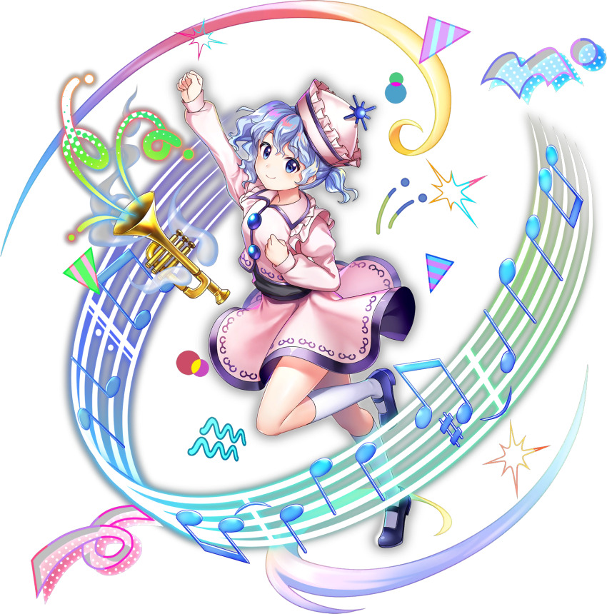 1girl arm_up blue_eyes blue_hair clenched_hands closed_mouth frilled_hat frills full_body game_cg hat highres instrument juliet_sleeves kneehighs long_sleeves looking_at_viewer merlin_prismriver musical_note musical_staff official_art pink_hat pink_skirt pink_vest puffy_sleeves purple_shoes rotte_(1109) shoes short_hair skirt smile socks solo sun_hat_ornament third-party_source touhou touhou_lostword transparent_background trumpet vest white_socks