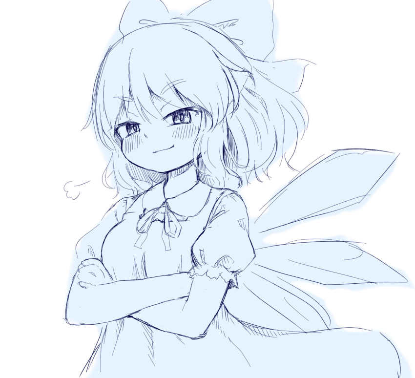 1girl arinu cirno ice ice_wings neck_ribbon puffy_short_sleeves puffy_sleeves ribbon short_hair short_sleeves simple_background smug solo touhou white_background wings
