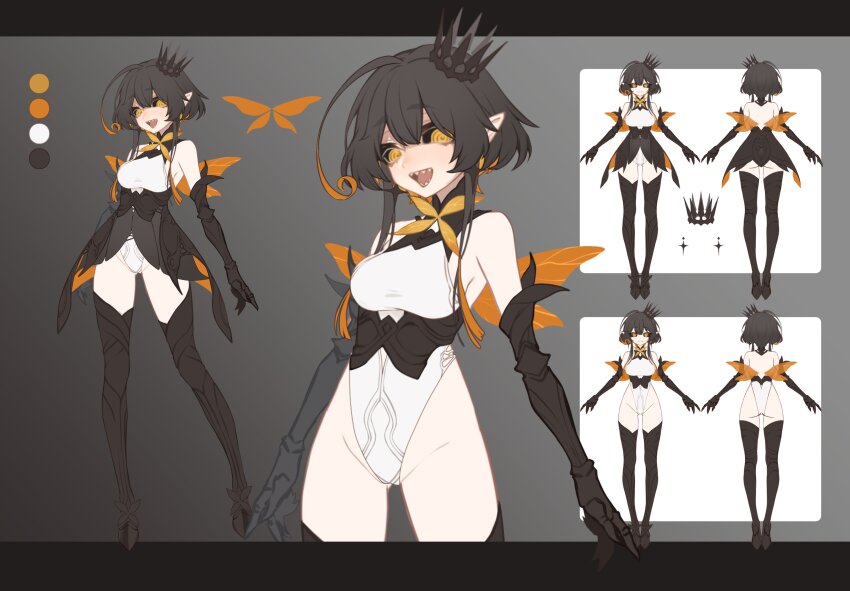 1girl :d absurdres ac8231 ahoge arthropod_girl bare_shoulders bee_girl bee_wings black_hair black_sclera breasts reference_sheet chrom_(ac8231) color_guide colored_sclera crown full_body highres insect_girl insect_wings leotard looking_at_viewer medium_breasts monster_girl multicolored_hair multiple_views open_mouth orange_eyes orange_hair original sharp_teeth sideboob sidelocks smile standing teeth turnaround white_leotard wings