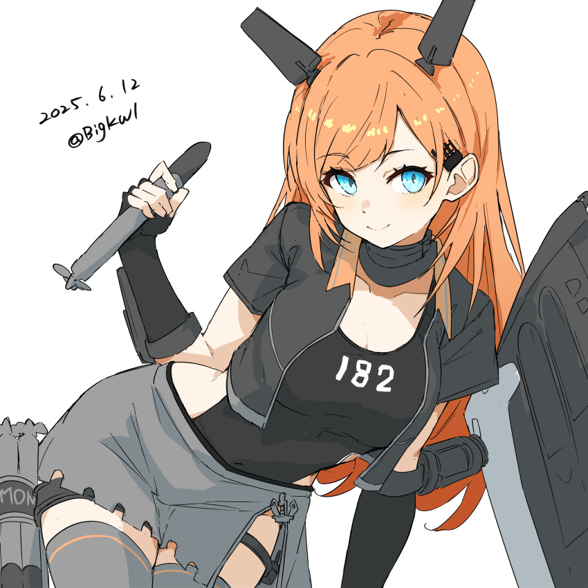 1girl absurdres bigkwl black_gloves black_one-piece_swimsuit blue_eyes breasts gloves gradient_sweater grey_skirt grey_thighhighs headgear highres kantai_collection long_hair looking_at_viewer machinery medium_breasts one-piece_swimsuit orange_hair salmon_(kancolle) skirt swimsuit swimsuit_under_clothes thighhighs torpedo two-tone_swimsuit white_background