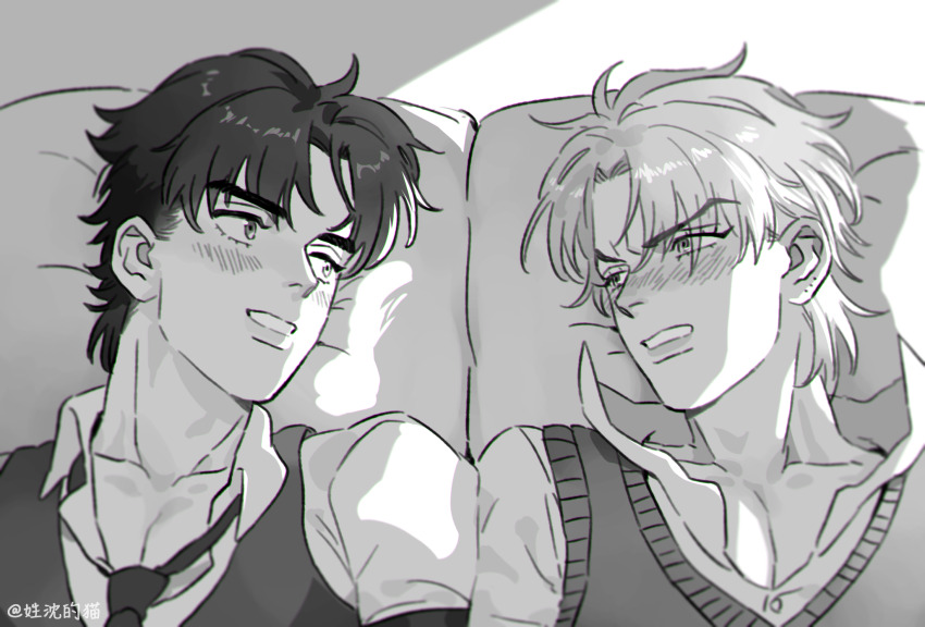 2boys bed blush dio_brando highres honlo jojo_no_kimyou_na_bouken jonathan_joestar looking_at_another lying male_focus monochrome multiple_boys necktie parted_lips phantom_blood pillow shirt short_hair smile sweater_vest yaoi