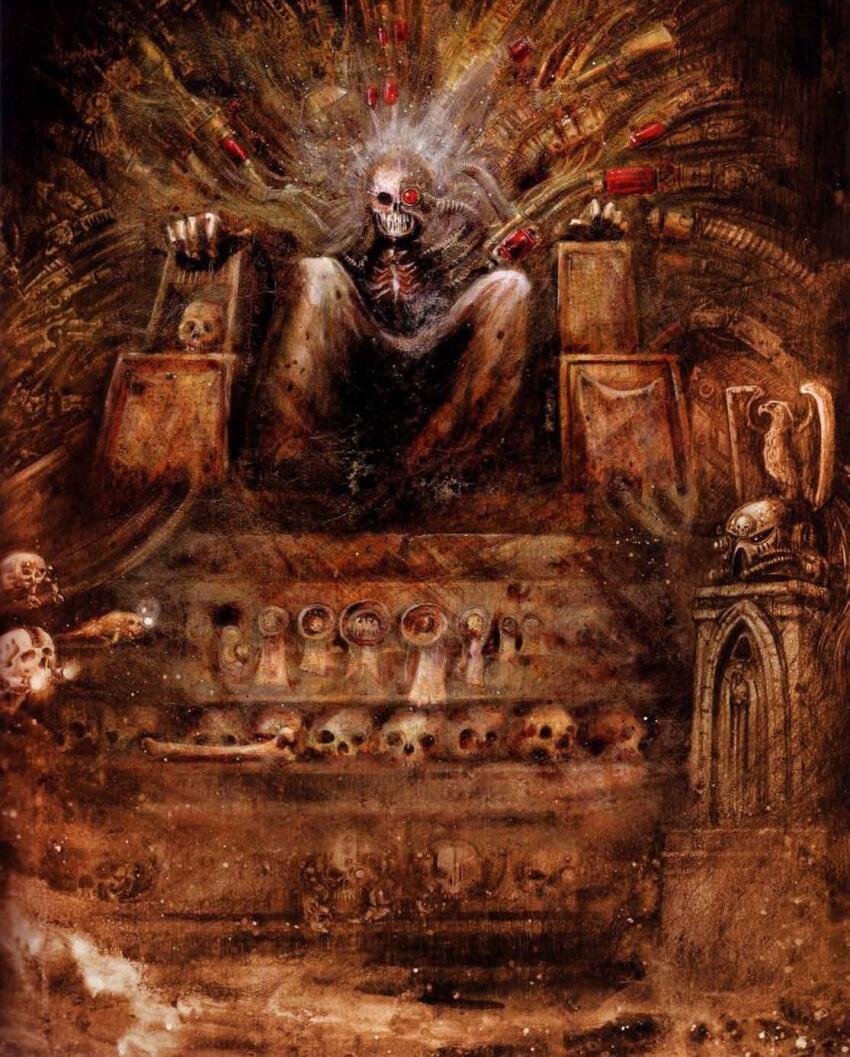 1boy bird bird_ornament bone corpse eagle emperor_of_mankind headpiece helmet highres imperium_of_man john_blanche nose_tube purity_seal red_eyes ribs script scripture seal_script single_mechanical_eye sitting sitting_on_throne skeleton skull skull_ornament solo throne tube warhammer_40k
