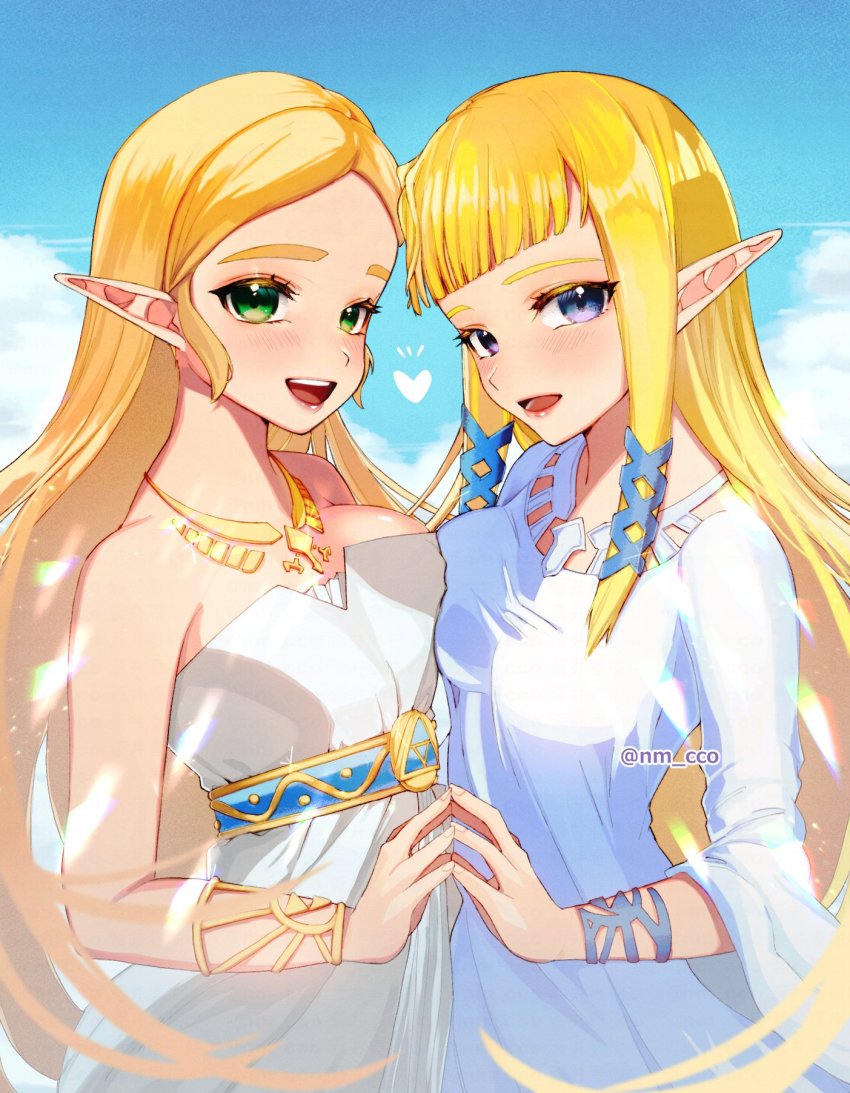 2girls ao_haruki blue_eyes blue_ribbon blue_sky blunt_bangs bracer breast_press breasts cloud dress gold_necklace green_eyes hair_ribbon heart highres jewelry long_hair long_sleeves looking_at_viewer medium_breasts multiple_girls necklace nintendo open_mouth outdoors own_hands_together parted_bangs pointy_ears princess_zelda ribbon sidelocks sky smile strapless strapless_dress symmetrical_docking teeth the_legend_of_zelda the_legend_of_zelda:_breath_of_the_wild the_legend_of_zelda:_skyward_sword thick_eyebrows upper_body upper_teeth_only white_dress wide_sleeves