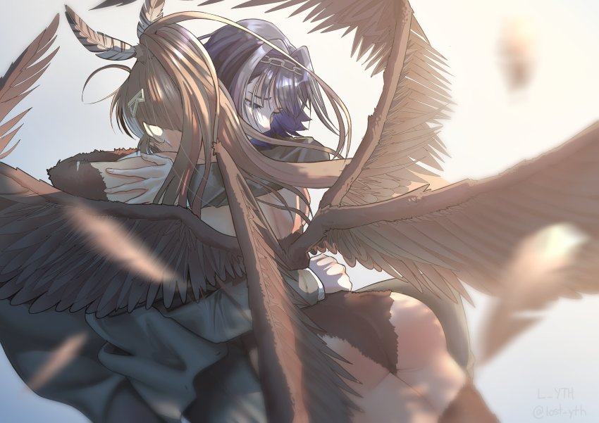 2girls absurdres ahoge bird_girl bird_wings blue_hair blurry brown_hair chain chain_headband coat depth_of_field falling_feathers feather_hair_ornament feathers fingernails from_behind grey_coat hair_intakes hair_ornament hairclip harpy highres hololive hololive_english hug l_yth long_hair monster_girl monsterification multicolored_hair multiple_girls multiple_wings nanashi_mumei nanashi_mumei_(harpy) official_alternate_costume ouro_kronii ponytail short_hair streaked_hair very_long_hair virtual_youtuber winged_arms wings