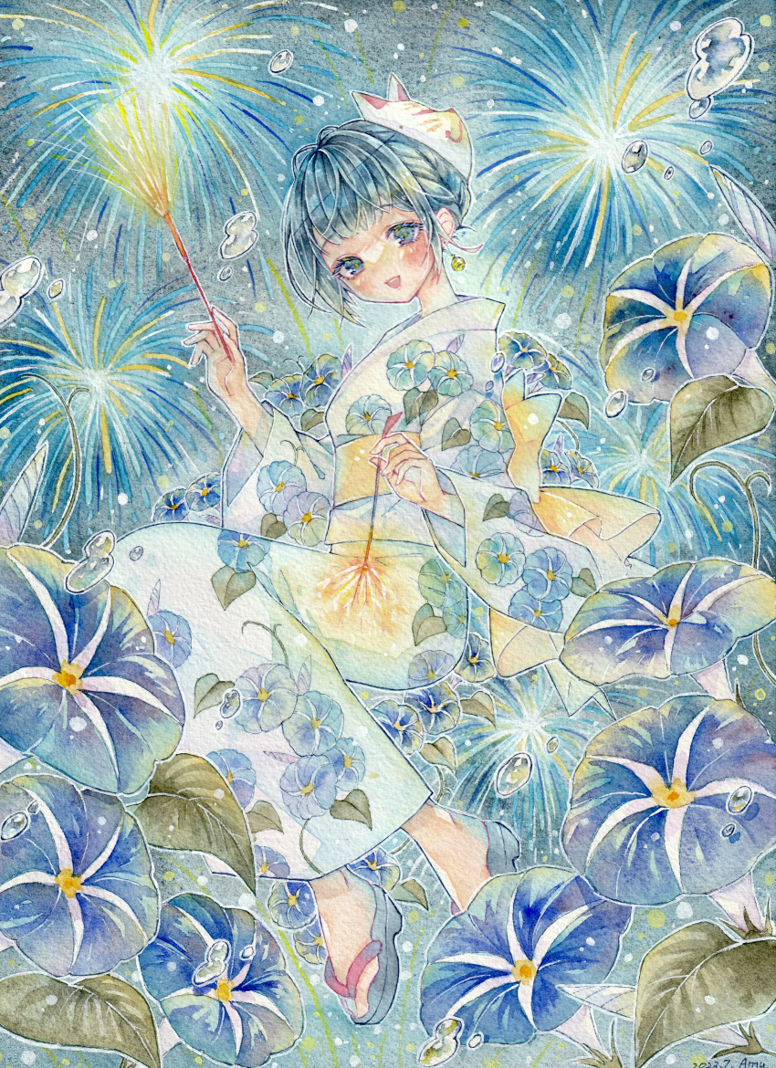 1girl absurdres amu_(m_aa) aqua_eyes aqua_theme black_sandals blue_flower commentary_request dated eyelashes fireworks floral_print flower full_body highres holding holding_fireworks invisible_chair japanese_clothes kimono long_sleeves morning_glory obi open_mouth original outdoors painting_(medium) print_kimono sandals sash signature sitting smile solo traditional_media watercolor_(medium) white_kimono wide_sleeves yellow_sash yukata