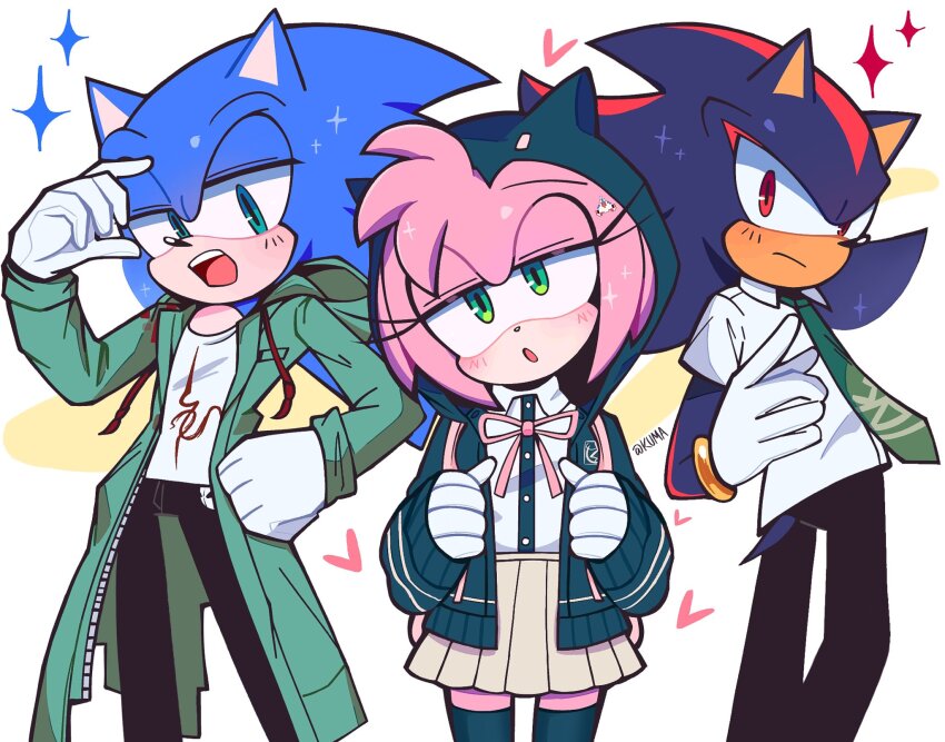 1girl 2boys amy_rose black_hair black_jacket black_pants black_shirt black_thighhighs blue_hair closed_mouth collared_shirt colored_skin cosplay d: danganronpa_(series) danganronpa_2:_goodbye_despair dress_shirt galaga green_eyes green_jacket green_necktie heart highres hinata_hajime hinata_hajime_(cosplay) hood hooded_jacket jacket komaeda_nagito komaeda_nagito_(cosplay) kumakumaoii long_sleeves multiple_boys nanami_chiaki nanami_chiaki_(cosplay) neck_ribbon necktie open_clothes open_jacket open_mouth pants pink_hair pink_ribbon pink_skin print_shirt red_eyes red_hair ribbon shadow_the_hedgehog shirt shirt_tucked_in short_hair sonic_(series) sonic_the_hedgehog spaceship_hair_ornament sparkle teeth thighhighs upper_teeth_only white_shirt