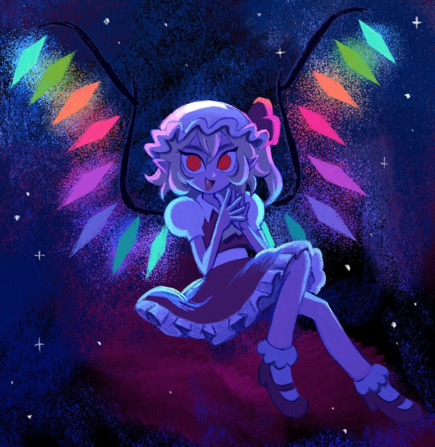 1girl abstract_background ascot crystal_wings fang flandre_scarlet flandrepudding frills hat high_side_ponytail highres mary_janes mob_cap multicolored_wings open_mouth pointy_ears puffy_sleeves red_eyes shoes skirt smile solo touhou vest wings