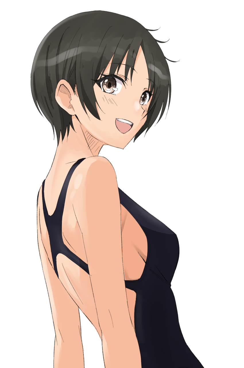 1girl amagami black_hair blue_one-piece_swimsuit breasts brown_eyes competition_swimsuit from_side highres looking_at_viewer one-piece_swimsuit open_mouth racerback short_hair simple_background small_breasts smile solo swimsuit tachibana_miya teeth upper_body upper_teeth_only usagii! white_background