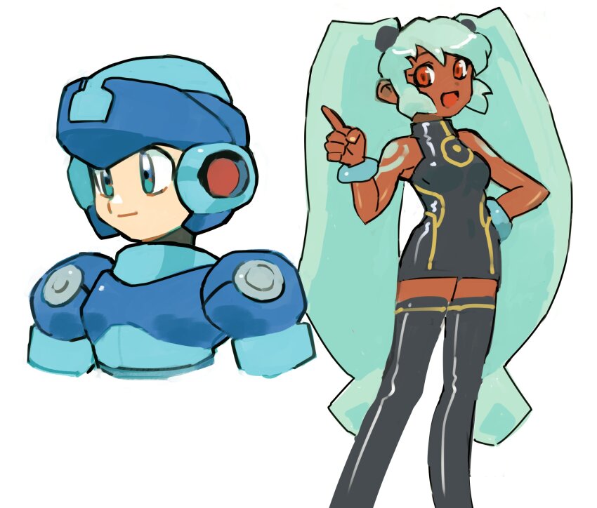 1boy 1girl bare_shoulders bracelet breasts closed_mouth dark-skinned_female dark_skin gan2 green_hair helmet highres jewelry long_hair mega_man_(series) mega_man_legends_(series) mega_man_volnutt open_mouth simple_background smile tattoo thighhighs twintails white_background yuna_(mega_man)