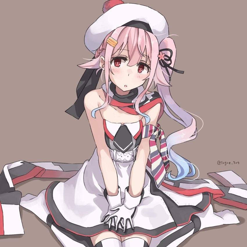 1girl beret blue_hair braid commentary_request cosplay dress flower french_braid gloves gradient_hair grey_background hair_flaps hair_flower hair_ornament harusame_(kancolle) hat highres kantai_collection looking_at_viewer multicolored_gloves multicolored_hair multicolored_scarf pink_hair pom_pom_(clothes) red_eyes ribbon richelieu_(kancolle) richelieu_(kancolle)_(cosplay) scarf side_ponytail sitting solo strapless strapless_dress sugue_tettou thighhighs two-tone_dress two-tone_gloves two-tone_legwear wariza