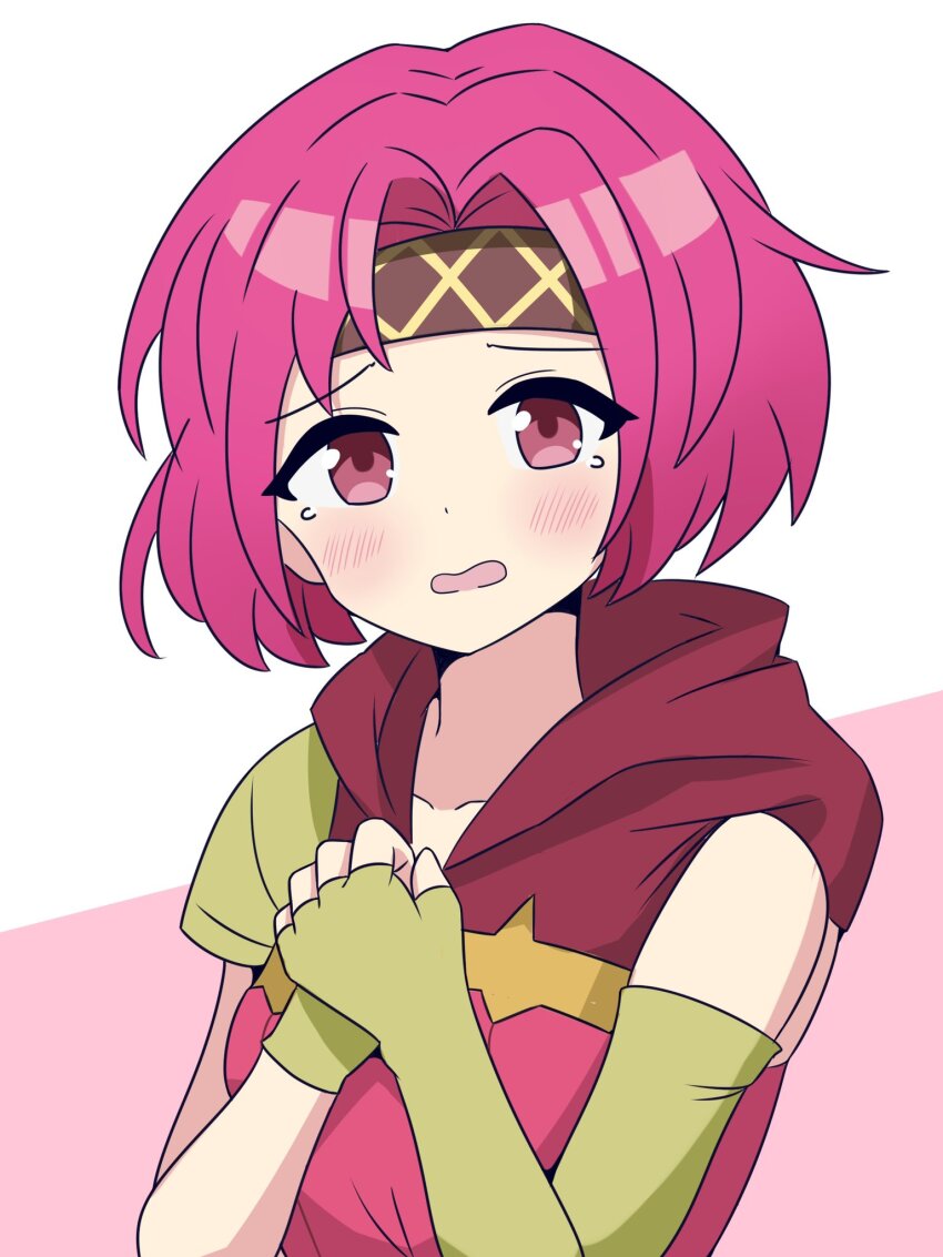 1girl asymmetrical_gloves fire_emblem fire_emblem:_the_sacred_stones gloves headband highres hiro_kayama neimi_(fire_emblem) nintendo pink_eyes pink_hair pink_hood solo tearing_up two-tone_headband yellow_gloves