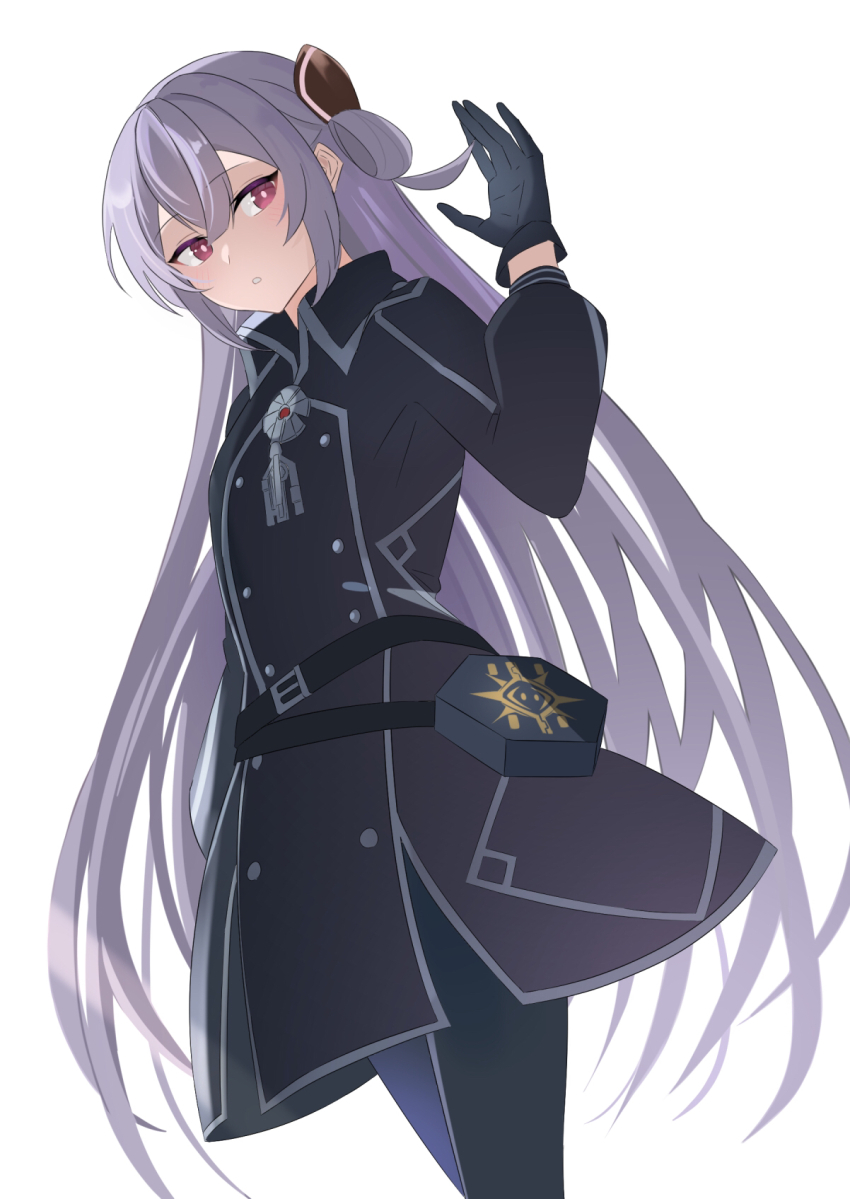 1girl belt black_belt black_coat black_gloves black_pantyhose closed_mouth coat collared_coat duel_monster gloves grey_hair heichi highres long_hair looking_at_viewer pantyhose red_eyes sky_striker_ace_-_roze solo standing very_long_hair white_background yu-gi-oh!
