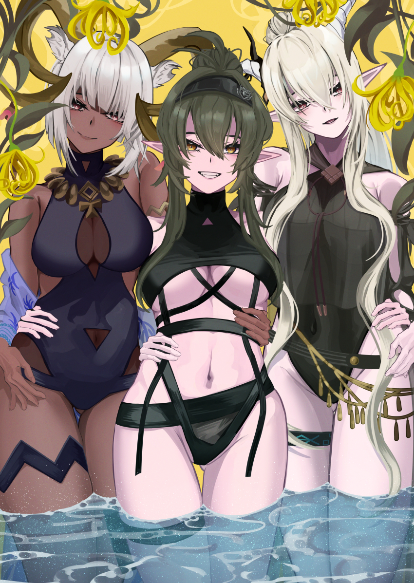 3girls :d absurdres animal_ears arknights arm_around_waist bare_shoulders black_hairband black_one-piece_swimsuit blonde_hair blunt_bangs breasts brown_eyes carnelian_(arknights) carnelian_(shimmering_dew)_(arknights) casual_one-piece_swimsuit cleavage closed_mouth covered_navel dark-skinned_female dark_skin gavial_(arknights) gluteal_fold goat_ears goat_girl goat_horns green_hair grey_hair grin hair_between_eyes hairband head_tilt highres horns jewelry kokawaaokawa large_breasts long_hair looking_at_viewer multiple_girls navel necklace official_alternate_costume one-piece_swimsuit open_mouth parted_lips pointy_ears ponytail red_eyes shining_(arknights) shining_(silent_night)_(arknights) short_hair sidelocks simple_background smile swimsuit thigh_gap thigh_strap underboob very_long_hair wading water yellow_background yellow_eyes
