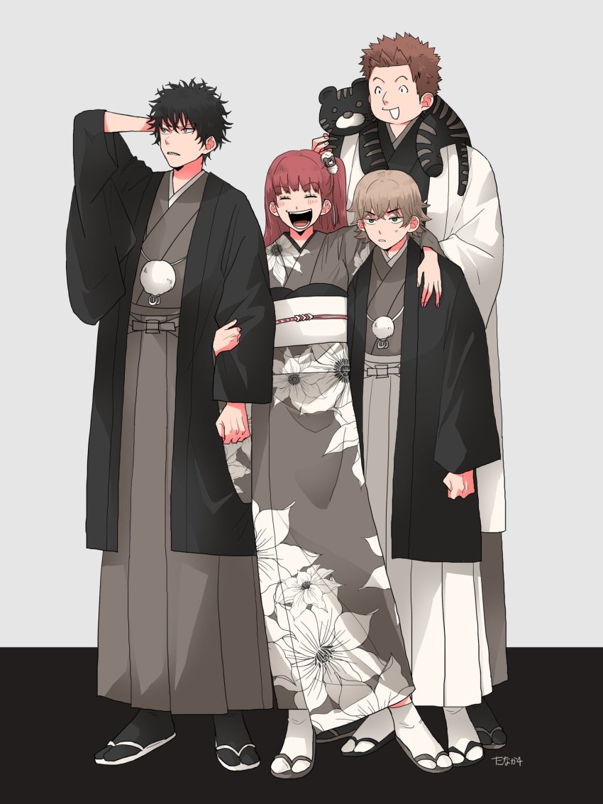&gt;:( 1girl 3boys :d ^_^ arm_around_shoulder arm_behind_head black_coat black_legwear blunt_bangs brown_hair carrying_over_shoulder chinese_zodiac closed_eyes coat ema_yuzuru facing_viewer floral_print full_body furisode grey_background grey_hakama grey_kimono grey_theme hakama haori haori_himo happy highres japanese_clothes kageura_masato kimono kitazoe_hiro laughing light_brown_hair locked_arms long_hair long_sleeves looking_at_another looking_at_viewer looking_away looking_down looking_to_the_side multiple_boys new_year nire_hikari obi one_side_up open_mouth rism02682 sandals sash short_hair sitting smile spiked_hair standing stuffed_animal stuffed_tiger stuffed_toy tabi v-shaped_eyebrows white_coat white_hakama white_legwear wide_sleeves world_trigger year_of_the_tiger zouri