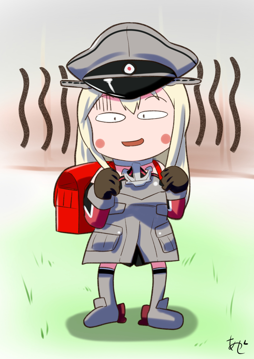 1girl akashieru anchor_ornament artist_logo backpack bag bismarck_(kancolle) blush_stickers brown_gloves chibi chibi_maruko-chan dilated_pupils dress full_body gloves grey_dress grey_hat hat highres kantai_collection logo long_hair looking_at_viewer military_uniform one-hour_drawing_challenge parody peaked_cap randoseru solo style_parody