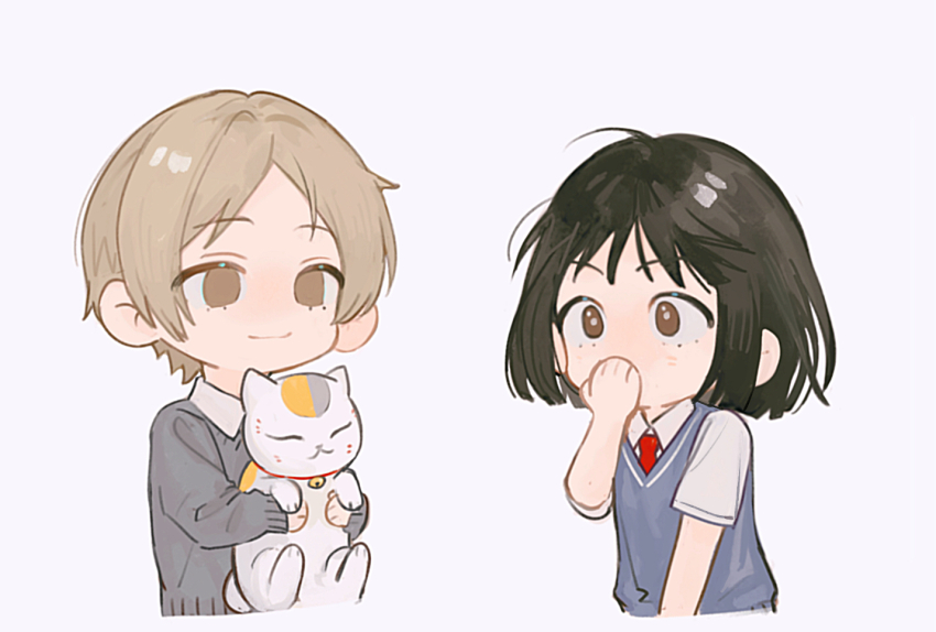 1boy 1girl animal bell black_hair blue_sweater_vest brown_eyes brown_hair calico cardigan cat chibi chibi_only chinese_commentary closed_mouth collared_shirt commentary_request covering_own_mouth cropped_torso crossover grey_background grey_cardigan hand_over_own_mouth hand_up holding holding_animal holding_cat iwakura_mitsumi jingle_bell lifting_animal light_smile linbeiyx long_sleeves maneki-neko natsume_takashi natsume_yuujinchou neck_bell necktie nyanko-sensei parted_bangs red_necktie school_uniform shirt short_hair short_sleeves simple_background skip_to_loafer summer_uniform sweater_vest two-handed very_short_hair white_cat white_shirt wide-eyed wing_collar