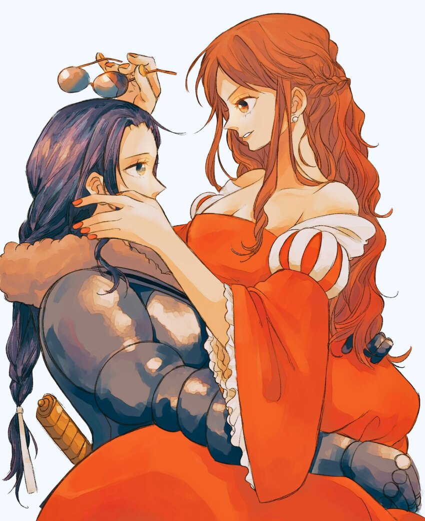 2girls armor bare_shoulders braid braided_ponytail commentary_request dress earrings highres holding holding_removed_eyewear jewelry knight long_hair multiple_girls nami_(one_piece) nico_robin one_piece orange_dress orange_eyes orange_hair pearl_earrings princess profile sidelocks simple_background sinoda_maru7326 sitting sitting_on_lap sitting_on_person unworn_eyewear white_background yuri
