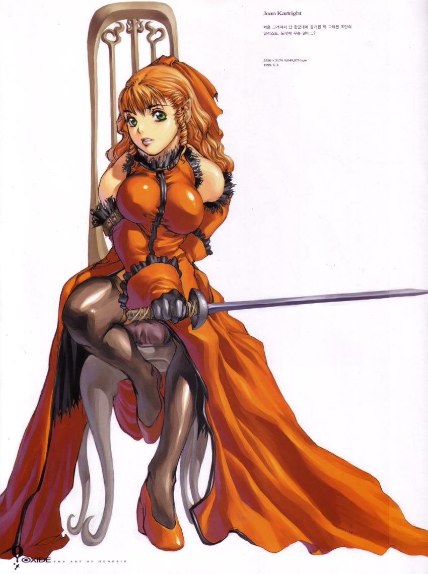 absurdres black_legwear breasts chair detached_sleeves dress frills gloves green_eyes hair_ribbon high_heels highres impossible_clothes impossible_dress joan_kartright kim_hyung_tae korean large_breasts leg_up lips lipstick long_hair makeup official_art orange_hair oxide ribbon ringlets scan shiny_clothes shoes simple_background sitting smile solo strap sword thighhighs the_war_of_genesis the_war_of_genesis_iii wavy_hair weapon