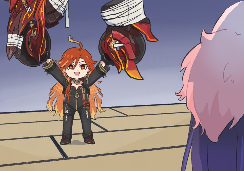 2girls ahoge animal animal_on_head bandages biker_clothes black_bodysuit black_gloves black_jacket bodysuit chibi commentary cropped_jacket english_commentary flamestrider_(genshin_impact) fox_on_head genshin_impact gloves holding indoors jacket mavuika_(genshin_impact) motor_vehicle motorcycle multicolored_hair multiple_girls on_head open_mouth orange_eyes orange_hair purple_hair raiden_mei red_hair sport_motorcycle tatami xinzoruo yae_miko yae_miko_(fox)