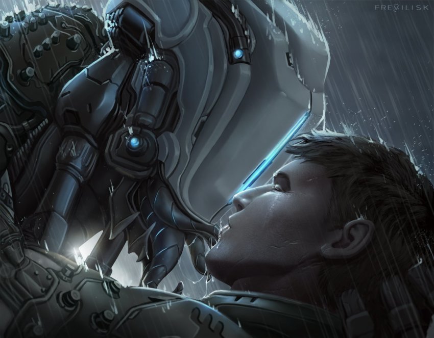 2boys artist_name closed_eyes commentary doom_(series) doom_eternal doomguy english_commentary faceless frevilisk interspecies joints male_focus multiple_boys neon_trim no_headwear rain robot robot_joints samuel_hayden short_hair wrinkled_skin yaoi