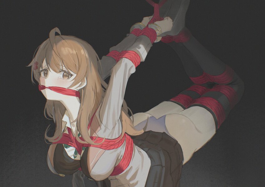 1girl absurdres ahoge black_background black_thighhighs bow bowtie breasts brown_eyes brown_hair cailin020 cloth_gag collared_shirt flower gag gagged grey_jacket hair_between_eyes hair_flower hair_ornament highres hogtie improvised_gag jacket large_breasts long_hair looking_at_viewer mariya_mikhailovna_kujou panties pleated_skirt school_uniform seiren_academy_school_uniform shibari shirt shoes simple_background skirt solo suspension tearing_up thighhighs tokidoki_bosotto_roshia-go_de_dereru_tonari_no_alya-san underwear