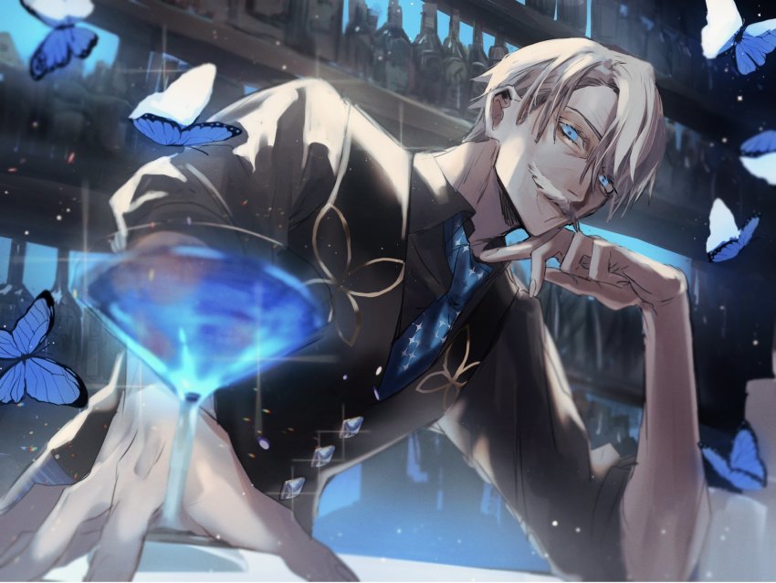 1boy bar_(place) bartender black_vest blue_butterfly blue_eyes blue_necktie bottle bug butterfly buttons cocktail cocktail_glass collared_shirt cup diamond_button drinking_glass facial_hair fate/grand_order fate_(series) grey_hair grey_shirt head_rest highres incoming_drink insect james_moriarty_(archer)_(fate) james_moriarty_(gray_collar)_(fate) looking_at_viewer male_focus mature_male mustache necktie old old_man ou_syoku7 parted_bangs shirt short_hair smile solo sparkle sparkle_print upper_body vest
