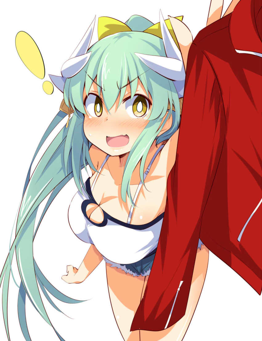 1girl aqua_hair blush breasts chata_maru_(irori_sabou) cleavage collarbone commentary_request cosplay denim denim_shorts dragon_horns fangs fate/grand_order fate_(series) female_focus green_hair hair_between_eyes highres horns jacket kiyohime_(fate) large_breasts long_hair looking_at_viewer mordred_(fate) mordred_(fate)_(cosplay) mordred_(fate/apocrypha) mordred_(memories_at_trifas)_(fate) open_mouth red_jacket shorts simple_background smile solo v-shaped_eyebrows very_long_hair white_background yellow_eyes