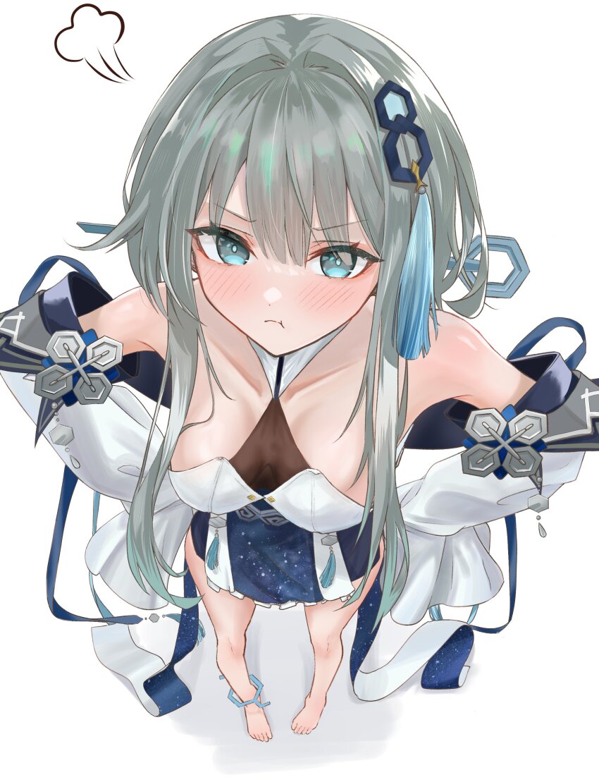 1girl absurdres anklet barefoot breasts collarbone detached_sleeves from_above genshin_impact guizhong_(genshin_impact) hair_ornament hands_on_own_hips highres jewelry long_hair looking_at_viewer looking_up medium_breasts pout simple_background sleeves_past_wrists solo standing tassel tassel_hair_ornament white_background yonemasakouta
