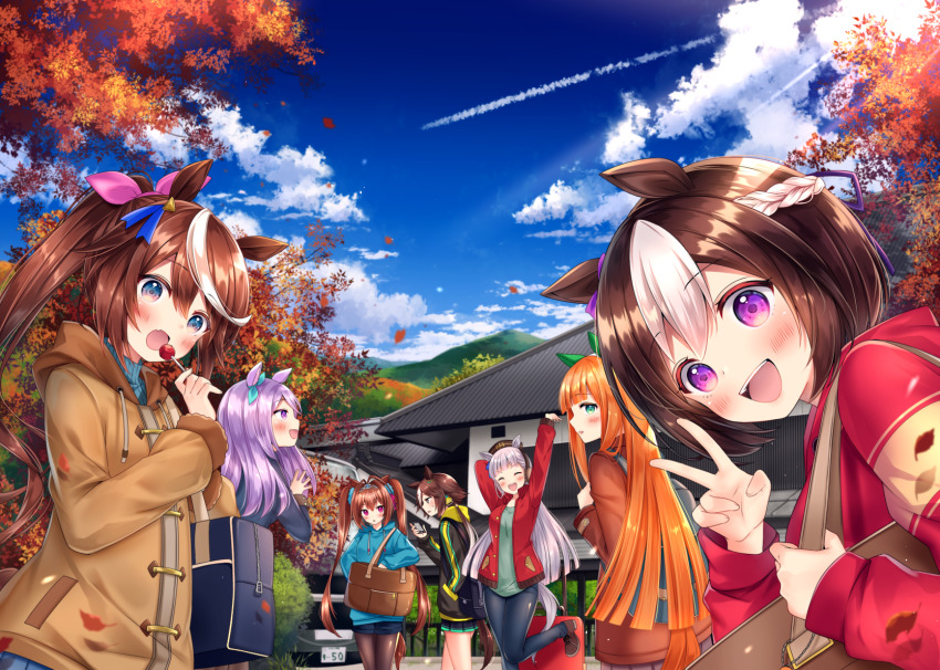 6+girls :d :o animal_ears aqua_bow arm_behind_head arm_up autumn autumn_leaves bag black_jacket blue_eyes blue_sky blunt_bangs blush bow braid brown_eyes brown_hair brown_headwear brown_jacket brown_legwear candy casual cellphone closed_eyes cloud commentary_request contrail daiwa_scarlet_(umamusume) day denim ear_covers fang food gold_ship_(umamusume) green_eyes green_shirt hair_bow hair_ornament hair_ribbon haruhitooo hat highres holding holding_bag hood hooded_jacket hoodie horse_ears horse_girl horse_tail jacket jeans leaf leg_up lollipop long_hair long_sleeves looking_at_another looking_at_viewer looking_back luggage mejiro_mcqueen_(umamusume) motor_vehicle mountain multicolored_hair multiple_girls open_clothes open_jacket open_mouth orange_hair outdoors painttool_sai_(medium) pants pantyhose phone pink_bow pleated_skirt ponytail purple_eyes purple_hair purple_ribbon red_eyes red_jacket ribbon school_bag shirt short_hair silence_suzuka_(umamusume) skin_fang skirt sky smartphone smile special_week_(umamusume) streaked_hair sweater tail teeth tokai_teio_(umamusume) twintails two-tone_hair umamusume upper_teeth_only v van vodka_(umamusume) white_hair