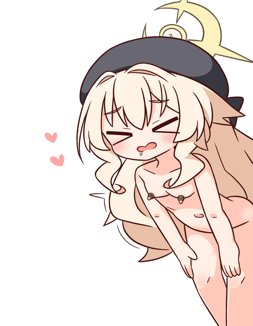 &gt;_&lt; 1girl beret black_hat blonde_hair blue_archive blush breasts closed_eyes drooling facing_viewer hair_between_eyes hair_intakes halo hana_kazari hands_on_own_thighs hat heart highres leaning_forward long_hair navel nipples nude open_mouth professor_niyaniya_(blue_archive) rubber_band simple_background small_breasts solo very_long_hair wavy_mouth white_background