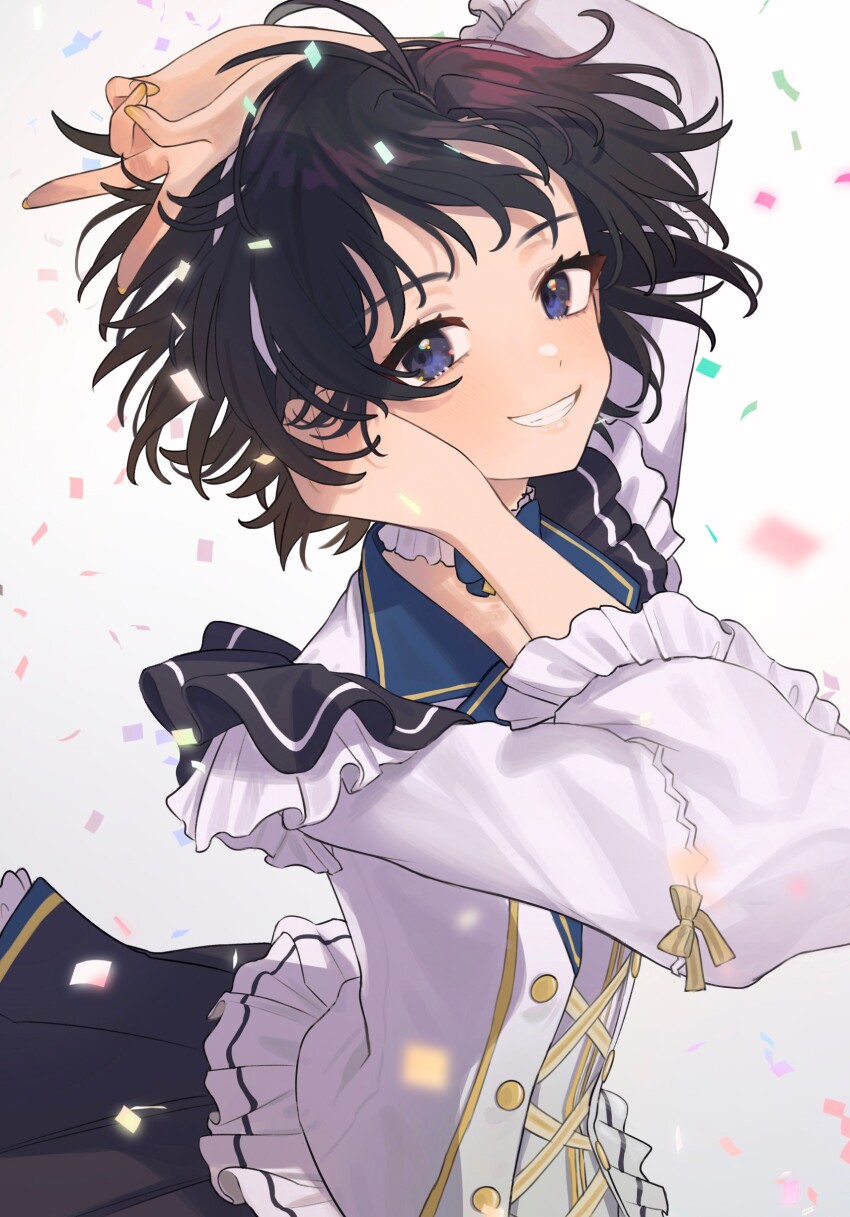 1girl absurdres antenna_hair arm_on_own_head arm_up black_hair black_skirt blue_bow blue_bowtie blue_eyes blush bow bowtie collar commentary_request confetti detached_collar dot_nose frilled_collar frilled_jacket frilled_sleeves frills grin hairband hand_on_own_cheek hand_on_own_face hand_up highres idolmaster idolmaster_million_live! idolmaster_million_live!_theater_days jacket kikuchi_makoto looking_at_viewer looking_to_the_side pleated_skirt short_hair skirt smile solo tanupon thick_eyelashes three-quarter_sleeves v v_over_head white_background white_hairband white_jacket wide_sleeves