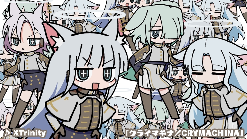 4girls :d animal_ear_fluff animal_ear_piercing animal_ears asymmetrical_bangs blue_hair blue_shorts blunt_bangs brown_gloves brown_thighhighs can_(crymachina) closed_eyes copyright_name cross-shaped_pupils crymachina curtained_hair deformed facing_viewer gloves green_hair grey_hair grey_jacket grey_skirt halo hands_on_own_hips hayat_(crymachina) hayim_(crymachina) highres jacket long_bangs long_hair long_sleeves looking_at_viewer multiple_girls odayaka official_art one_eye_covered open_mouth parted_bangs recurring_image short_hair shorts skirt smile symbol-shaped_pupils thighhighs third-party_source vida_(crymachina) video_thumbnail xtrinity zettai_ryouiki