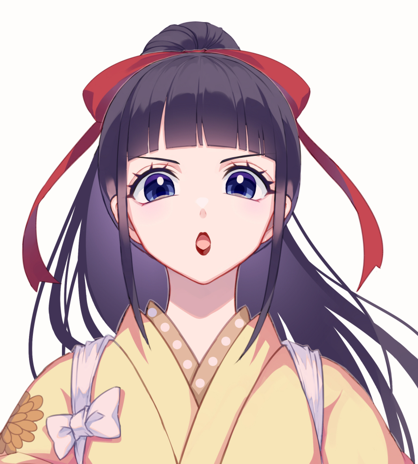 1boy black_hair blue_eyes blunt_bangs commentary crazy_otama eyelashes floating_hair highres japanese_clothes kikunojo_(one_piece) kimono looking_at_viewer male_focus one_piece open_mouth red_lips red_ribbon ribbon sidelocks simple_background solo upper_body white_background yellow_kimono