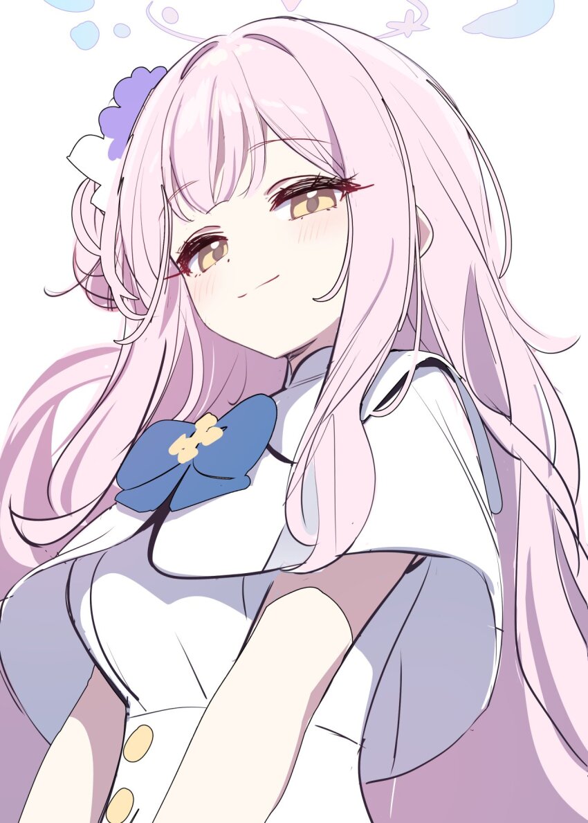 1girl blue_archive blue_bow blue_bowtie blush bow bowtie breasts capelet closed_mouth deadnooodles dress flower hair_bun hair_flower hair_intakes hair_ornament half-closed_eyes halo high-waist_skirt highres large_breasts long_hair looking_at_viewer mika_(blue_archive) pink_hair pink_halo purple_flower seductive_smile sidelocks simple_background single_side_bun skirt smile solo split_mouth upper_body white_background white_capelet white_dress white_skirt yellow_eyes