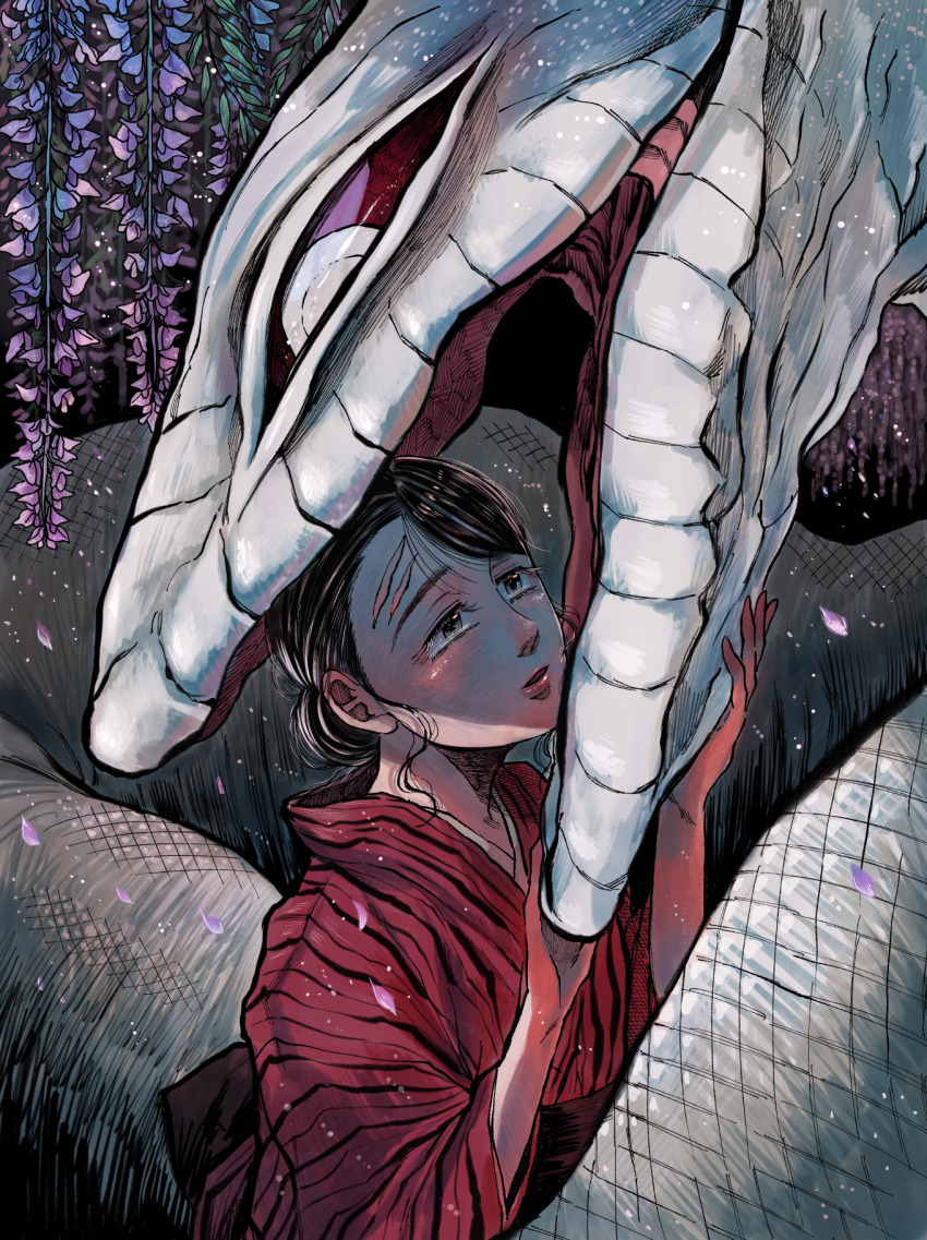 1girl animal black_hair daija_(daija_ni_totsuida_musume) daija_ni_totsuida_musume falling_petals flower giant_snake grey_eyes hand_on_another&#039;s_chin highres imminent_vore interspecies japanese_clothes kimono kumoashif miyo_(daija_ni_totsuida_musume) obi open_mouth oversized_animal petals purple_flower sash scar scar_on_face scar_on_forehead snake white_eyes white_snake wisteria