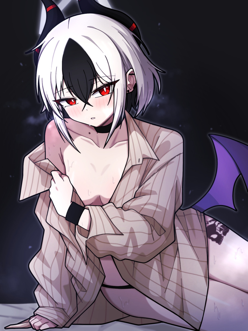 1girl alternate_costume alternate_hairstyle black_choker black_panties blue_archive blush brown_shirt choker collarbone cosplay demon_horns demon_wings hair_between_eyes highres horns kayoko_(blue_archive) looking_at_viewer lying manli medium_hair misaki_(blue_archive) misaki_(blue_archive)_(cosplay) misaki_(swimsuit)_(blue_archive) mole mole_on_collarbone multicolored_hair on_bed on_side panties shirt sidelocks skull_tattoo sweatdrop tattoo underwear wings