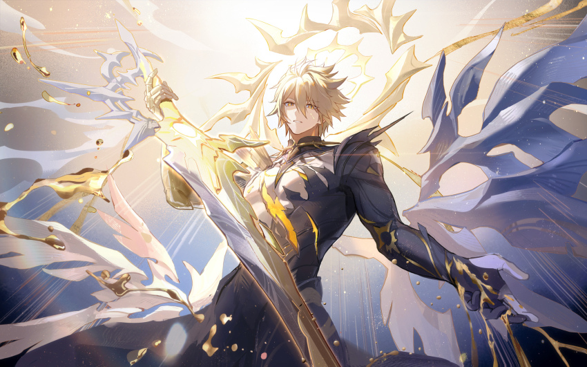 1boy achyue alternate_form asymmetrical_wings bare_pectorals black_shirt black_wings blonde_hair cracked_skin hair_between_eyes halo halo_behind_head hashtag-only_commentary highres holding holding_sword holding_weapon honkai:_star_rail honkai_(series) male_focus material_growth pectorals phainon_(honkai:_star_rail) shirt short_hair solo sword torn_clothes torn_shirt weapon wings yellow_blood yellow_eyes yellow_wings