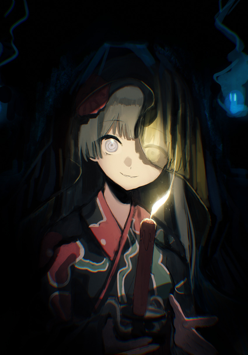 1984_(cw1000110) 1girl absurdres black_hair black_kimono black_veil candle dark grin highres hime_cut hitodama holding holding_candle japanese_clothes kimono long_hair long_sleeves looking_at_viewer nijisanji print_kimono purple_eyes ringed_eyes single_flame smile solo tsukino_mito tsukino_mito_(summer_ghost_stories) upper_body veil virtual_youtuber wide-eyed