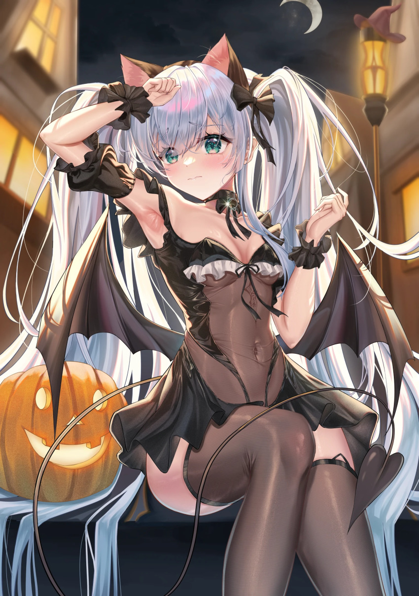 1girl animal_ears aqua_eyes arm_up armpits azur_lane bare_shoulders belt_collar black_dress black_wings black_wrist_cuffs blush bodystocking breasts brown_thighhighs building cat_ears chinese_commentary closed_mouth collar collarbone commentary_request covered_navel crescent_moon detached_sleeves dress frilled_dress frilled_wrist_cuffs frills front-tie_top glint hair_between_eyes hair_ribbon halloween halloween_costume hand_up highres jack-o&#039;-lantern janus_(azur_lane) janus_(fright-night_scaredy-cat)_(azur_lane) kordilia lamppost looking_ahead low_wings moon night night_sky official_alternate_costume outdoors pumpkin ribbon see-through_clothes sitting sky small_breasts solo tail thighhighs thighs twintails wavy_mouth white_hair wings wrist_cuffs