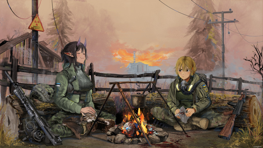 2girls :3 =_= ak-47 anti-materiel_rifle assault_rifle black_hair blonde_hair bolt_action boots breasts bullpup campfire cat chernobyl_npp closed_eyes cooking_pot crossed_legs dsr-50 estonian_flag frown gas_mask gun handgun helmet highres jacket kalashnikov_rifle large_breasts log marichka mask medium_hair military_uniform multiple_girls nuclear_powerplant on_ground oni open_clothes open_jacket original petting pointy_ears ponytail power_lines radiation_symbol rifle russo-ukrainian_war short_hair signature signpost smile sniper_rifle stalker_(game) sun tomboy ukraine ukrainian_flag unworn_headwear unworn_helmet usergore utility_pole weapon z_(russian_symbol)