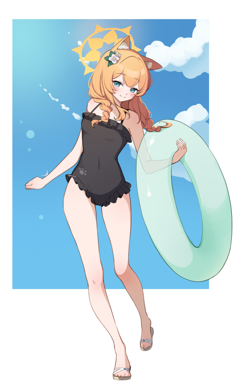 1girl animal_ear_fluff animal_ears black_one-piece_swimsuit blue_archive blue_eyes blue_sky blurry braid cat_ears cat_girl cloud cloudy_sky commentary_request covered_navel depth_of_field flower frilled_one-piece_swimsuit frills full_body green_innertube hair_between_eyes hair_flower hair_ornament halo head_tilt highres holding holding_swim_ring innertube long_hair looking_at_viewer mari_(blue_archive) mari_(swimsuit)_(blue_archive) official_alternate_costume one-piece_swimsuit orange_hair outdoors sandals sidelocks single_braid sky smile solo spaghetti_strap sunlight swim_ring swimsuit uz_(uzru0428) walking