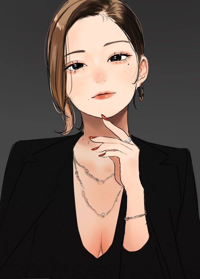 1girl asymmetrical_bangs bangle black_jacket black_shirt bracelet breasts brown_hair cleavage earrings forehead hand_on_own_chin highres hoop_earrings jacket jacket_on_shoulders jewelry looking_at_viewer mature_female mole mole_under_eye nail_polish necklace original parted_lips saitou_(lynx-shrike) shirt simple_background solo upper_body