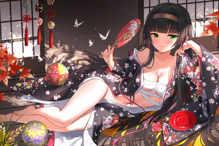 1girl absurdres autumn_leaves ball barefoot bishoujo_mangekyou:_kotowari_to_meikyuu_no_shoujo bishoujo_mangekyou_(series) black_hair black_kimono blunt_bangs blush bottomless breasts bug butterfly chest_sarashi closed_mouth commentary_request cup dappled_sunlight day devil_heavens falling_leaves feet fingernails floral_print floral_print_kimono flower gold_hairband green_eyes hair_ribbon hairband hand_fan head_rest highres holding holding_fan insect japanese_clothes kimono leaf long_fingernails long_hair looking_at_viewer lying medium_breasts navel off_shoulder on_side open_clothes open_kimono print_kimono red_flower red_ribbon red_rose renge_(bishoujo_mangekyou) ribbon rose sakazuki sarashi shade shouji sliding_doors smile solo sunlight tassel tatami temari_ball very_long_hair wooden_floor