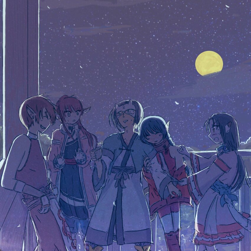 2boys 3girls animal_ears annoyed arm_hug breasts dark_background drink eruruu hakuowlo highres jealous karulau large_breasts laughing moon multiple_boys multiple_girls night oboro_(utawarerumono) smile touka_(utawarerumono) utawarerumono