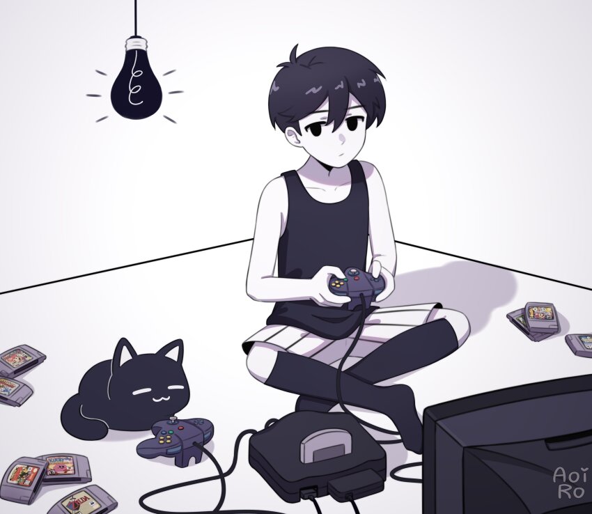 1boy absurdres animal aoiro_arts artist_name black_cat black_eyes black_hair black_shirt black_socks cable cat closed_mouth colored_skin commentary controller crt english_commentary expressionless game_cartridge game_console game_controller hair_between_eyes highres holding holding_controller holding_game_controller jitome kneehighs light_bulb mewo nintendo_64 nintendo_64_controller omori omori_(omori) shirt short_hair shorts sitting sleeveless sleeveless_shirt socks striped_clothes striped_shorts television vertical-striped_clothes vertical-striped_shorts white_shorts white_skin