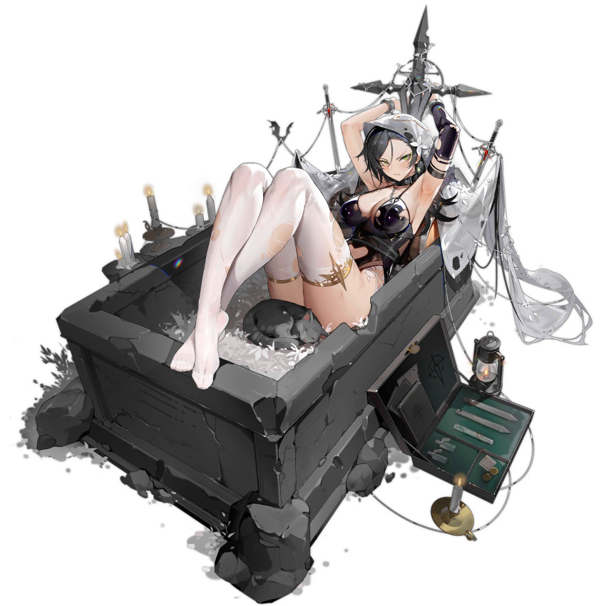 1girl :/ alcohol arm_strap arm_warmers armpits arms_up barrel bat_(animal) black_arm_warmers black_cat black_collar black_hair black_leotard bound box breasts candle cat cleavage closed_mouth clothing_cutout coffin collar cross crossed_ankles cuffs dagger faux_figurine fire flower full_body girls&#039;_frontline gloves green_lips hair_flower hair_ornament hand_up heart_cutout highres impossible_clothes impossible_leotard in_box in_container knees_up knife lantern large_breasts leotard long_hair looking_at_viewer looking_to_the_side lying mole mole_under_eye navel_cutout no_shoes official_alternate_costume official_art on_back python_(beauty_in_the_graveyard)_(girls&#039;_frontline) python_(girls&#039;_frontline) revision rock silk simple_background single_arm_warmer skindentation sleeping spider_web suitcase thighhighs third-party_source torn_clothes torn_gloves torn_leotard torn_thighhighs torn_veil transparent_background v-shaped_eyebrows veil very_long_hair weapon white_flower white_thighhighs white_veil yoyo_(550098)